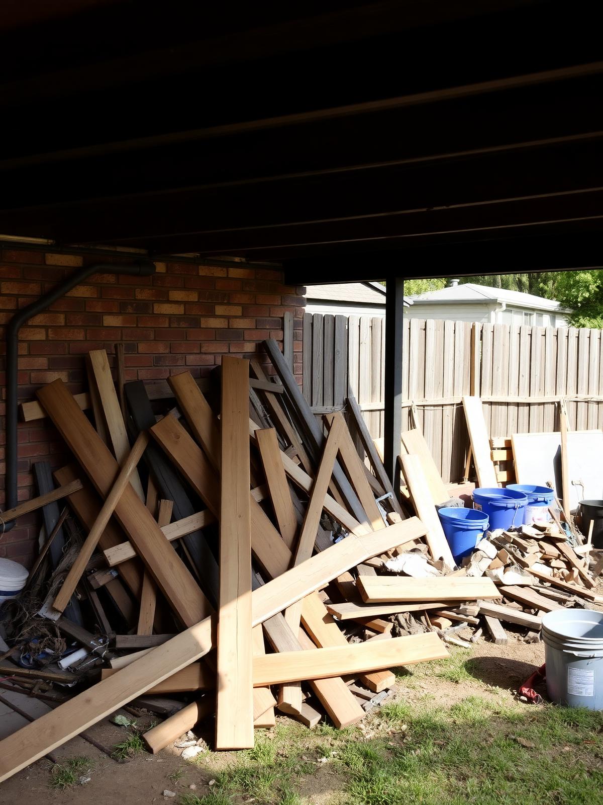 Backyard carport piled with timber, debris and buckets before cleanup