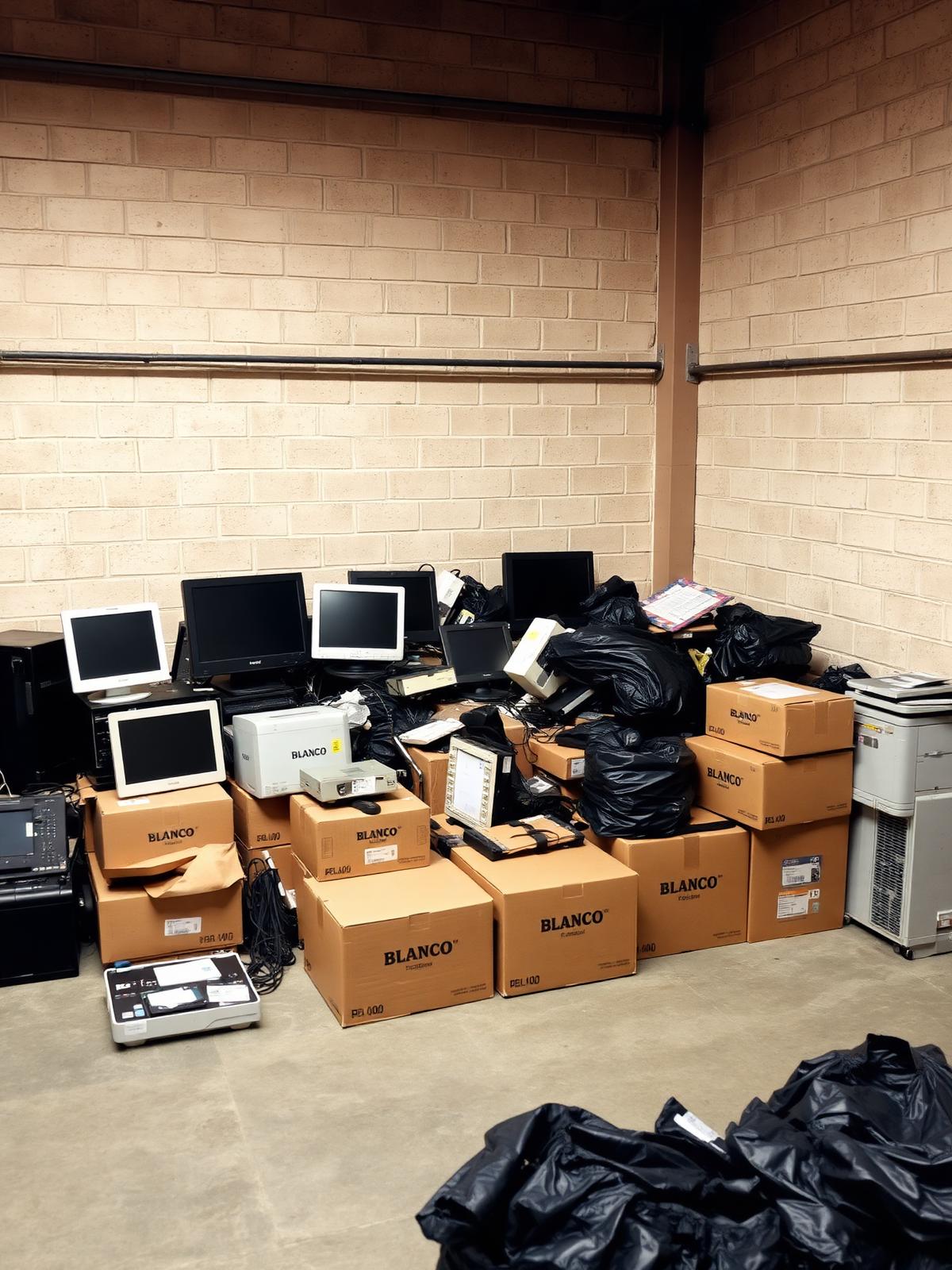 Warehouse corner piled with monitors, boxes and rubbish before cleanout