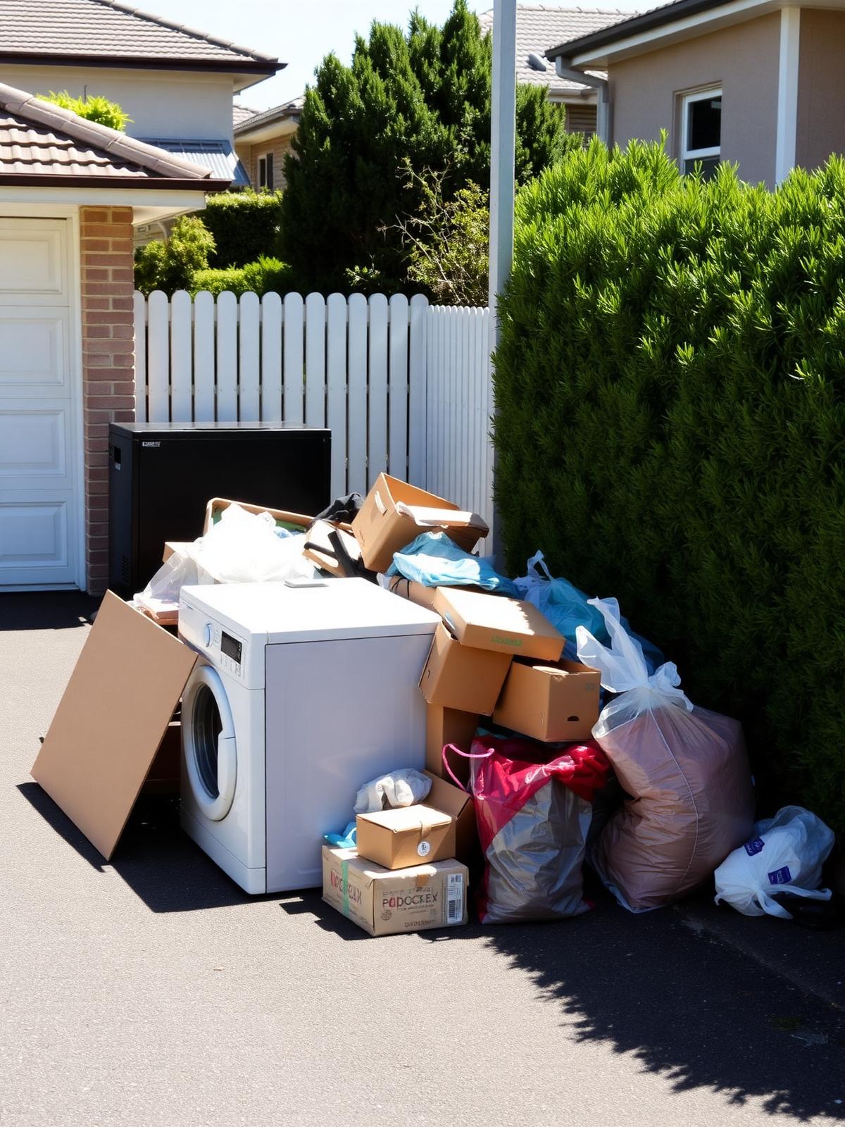 Driveway piled with old washing machine, boxes and bags before rubbish removal