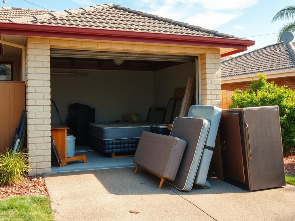 Suburban garage cleared out with old mattress, couch and fridge stacked on the driveway ready for pickup