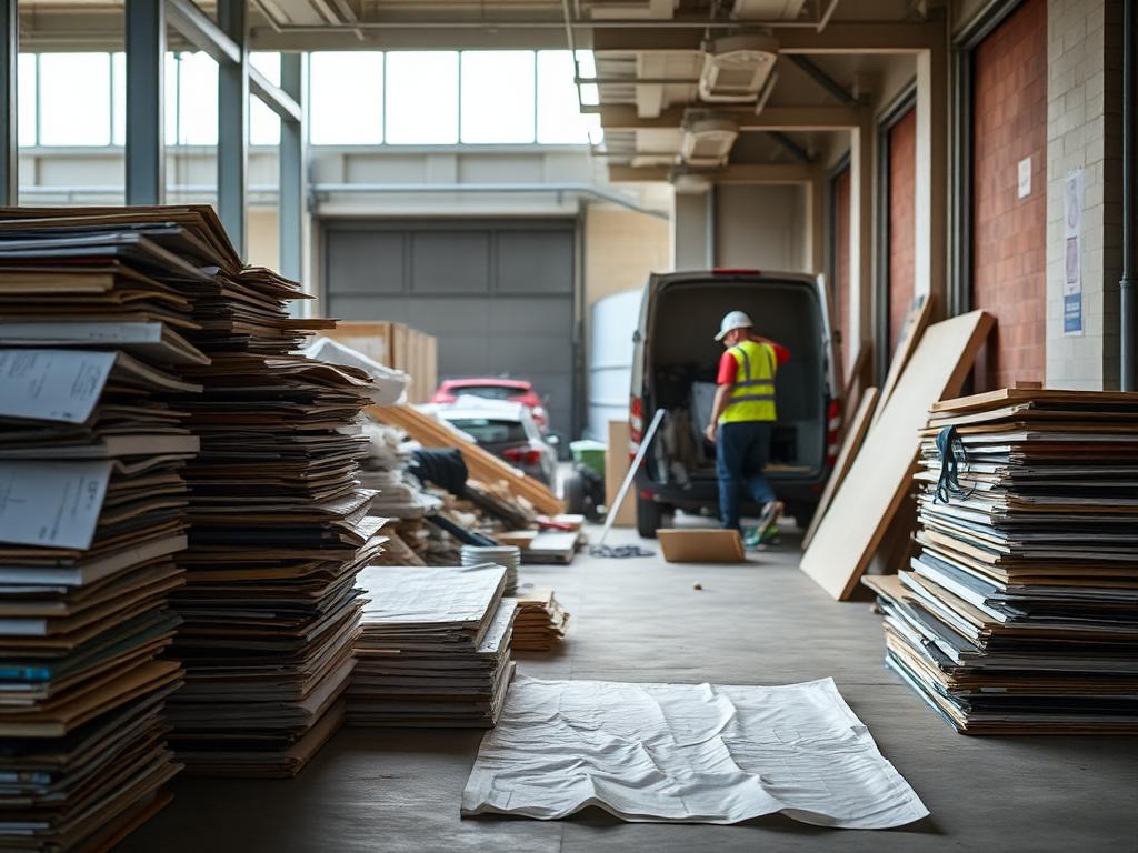 Commercial fit-out strip-out site with stacked debris and a hi-vis worker loading a van in the background